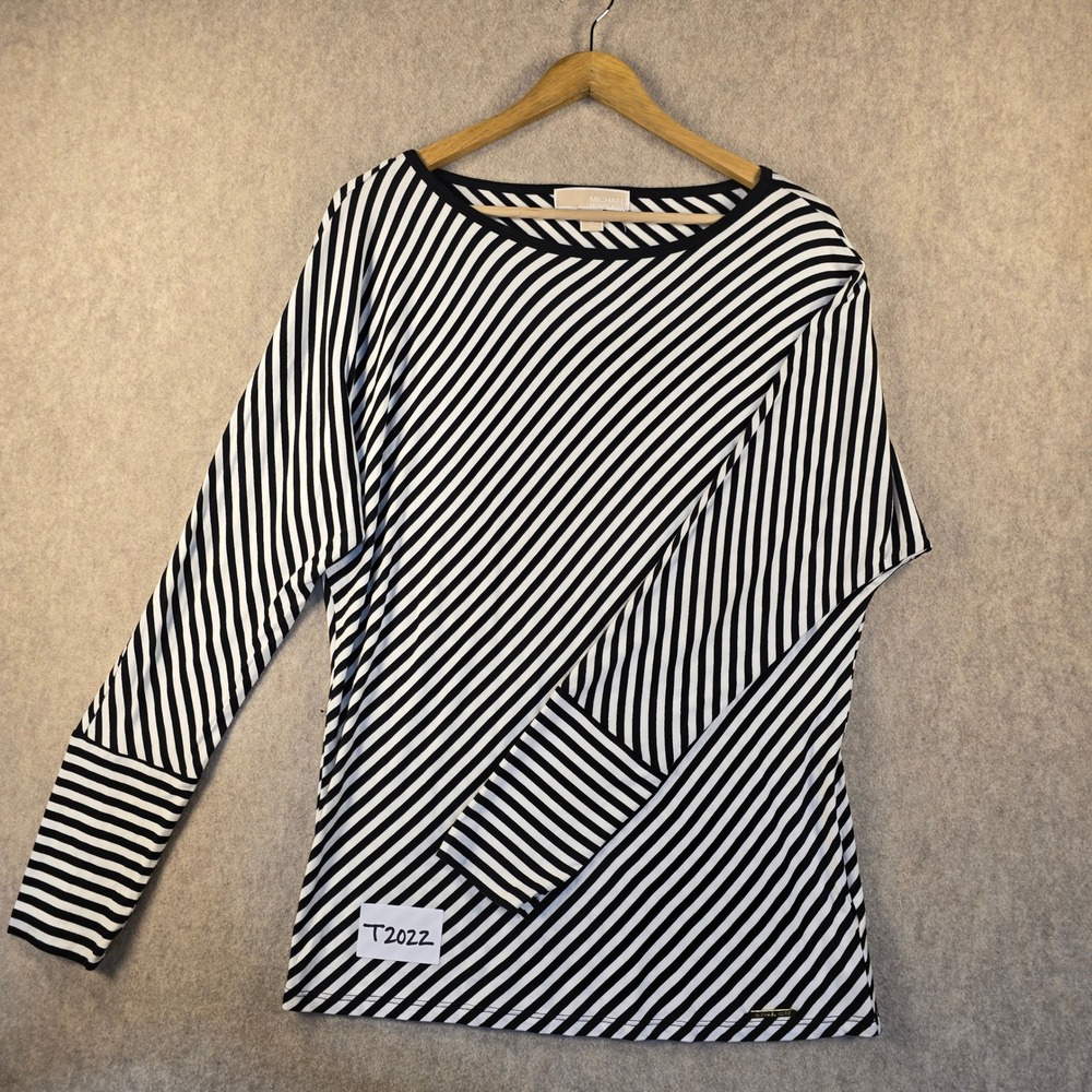 Michael Michael Kors Black White Striped Long Sleeve Boat Neck Top Medium